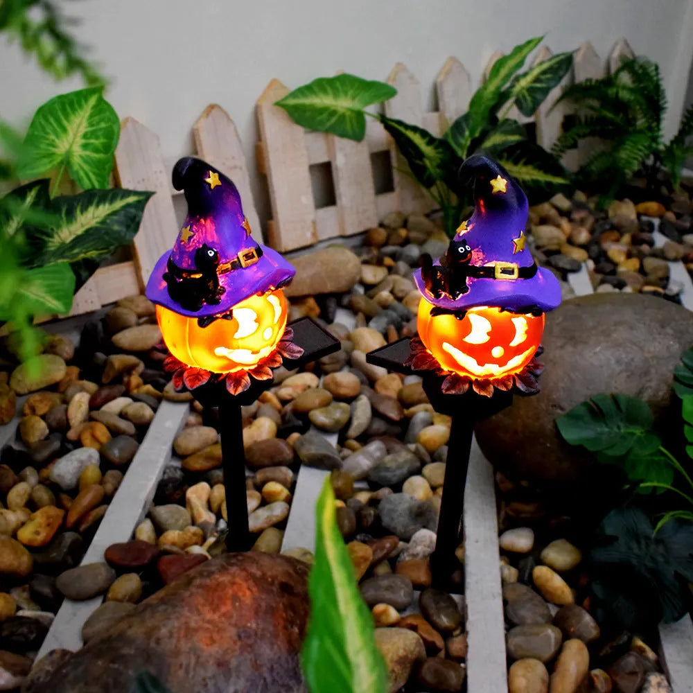 Solar Halloween pumpkin lantern ground stake light with resin pumpkin head and wrought iron stake for outdoor garden decoration
