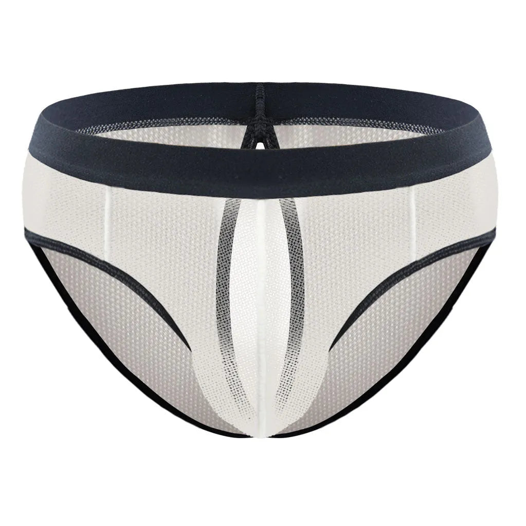 Men's mesh back triangle shorts in black or skin colour, nylon, free size with elastic waist.