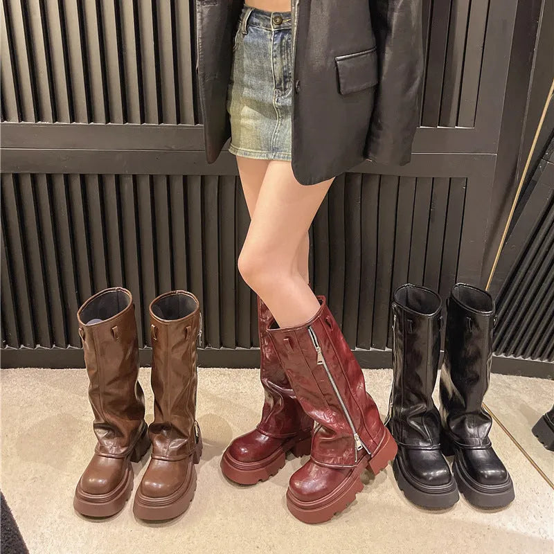 Platform muffin pants Martin boots with square heels and high cylinder design in black, brown, or wine red