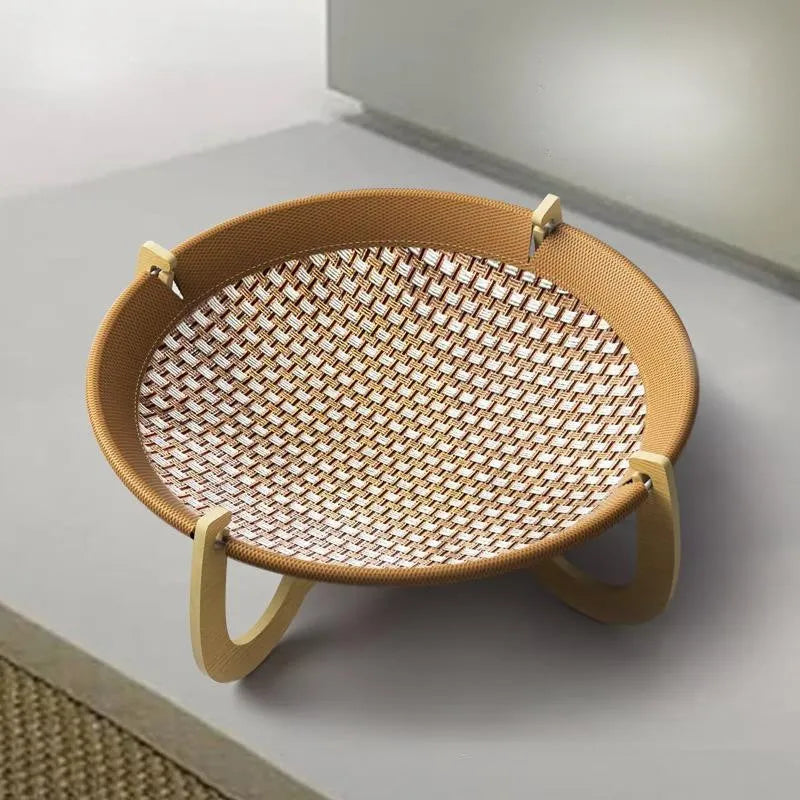 Brown woven rattan cat hammock measuring 46cm with 17.5cm height for elevated pet sleeping