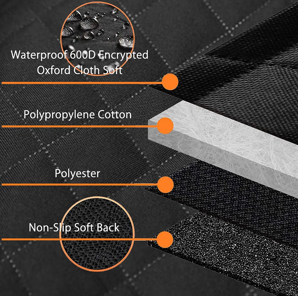 Black and orange waterproof dog car seat cover showing mesh window and accessory pocket