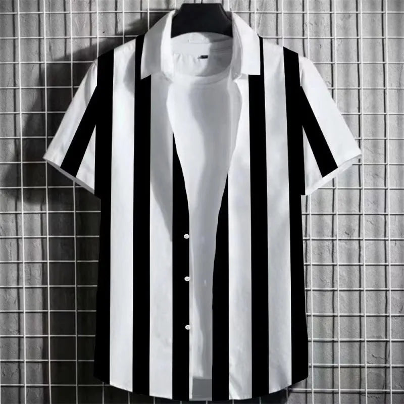 Men's striped short-sleeve linen shirt with 3D printed pattern in solid colour