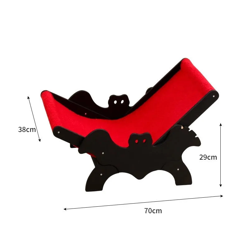 Black and red wooden cat lounge chair with bat-shaped decorative elements for Halloween themes