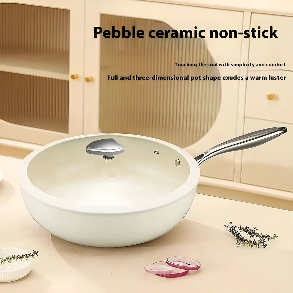 28cm non stick stir fry pan with refined iron body, ceramic glaze coating, and stainless steel glass lid