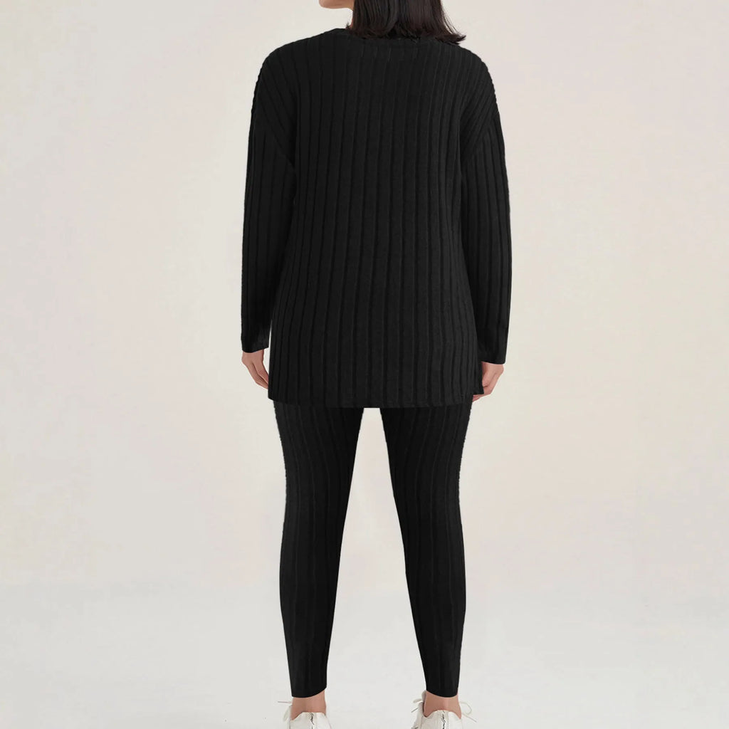 Women's black sunken stripe two-piece lounge set with regular sleeves and matching trousers