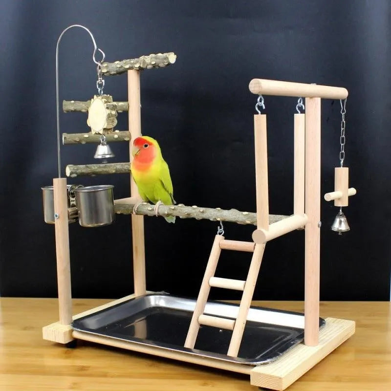 Natural pepper wood parrot toy stand with integrated platform and climbing poles for cage