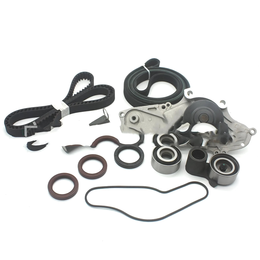 Metal automotive water pump and belt assembly unit showing 28mm length.