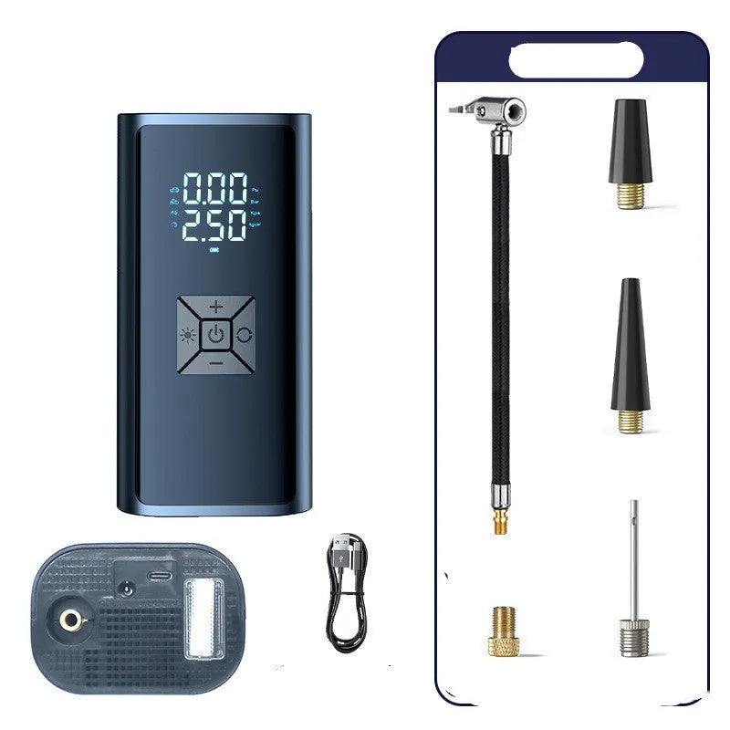 Portable wireless digital tyre pump with display screen, inflator hose and power connections
