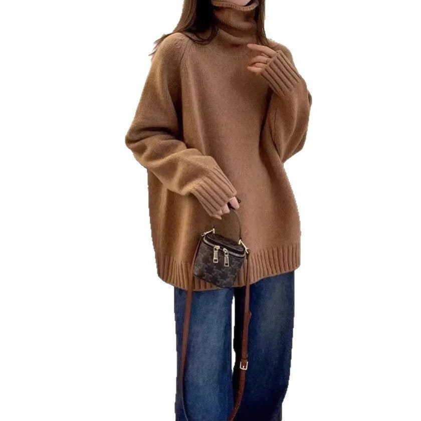 Women's loose turtleneck sweater with a thick curling pile collar in a choice of four colours.