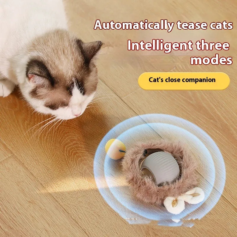 Self-hi funny cat rolling ball toy in silicone, shown in red, green, and grey colour options with optional rope attachment.