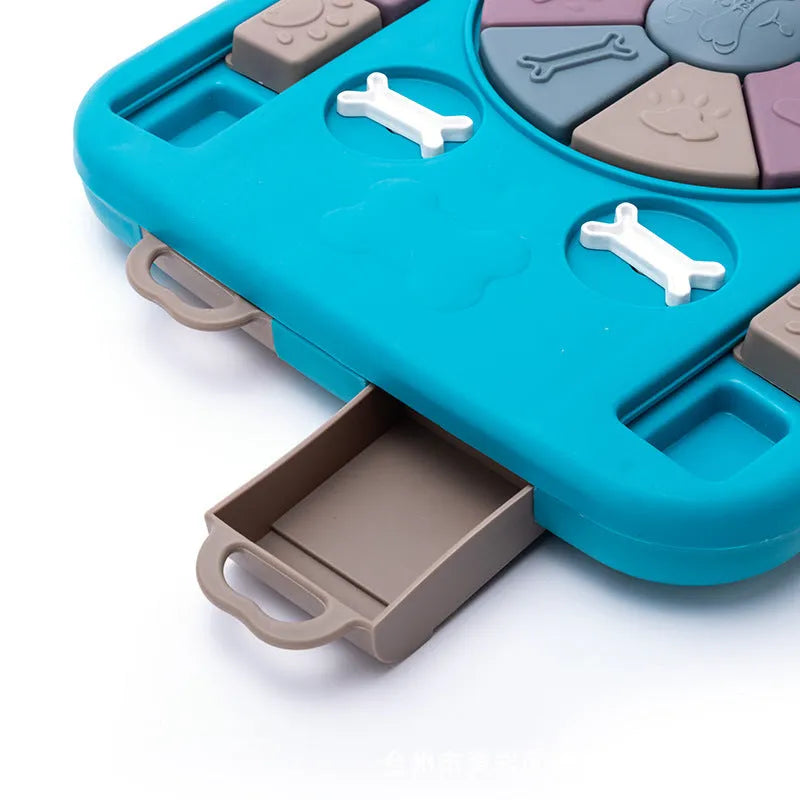 Blue interactive dog puzzle toy with four switches and sliding panel on anti-skid base