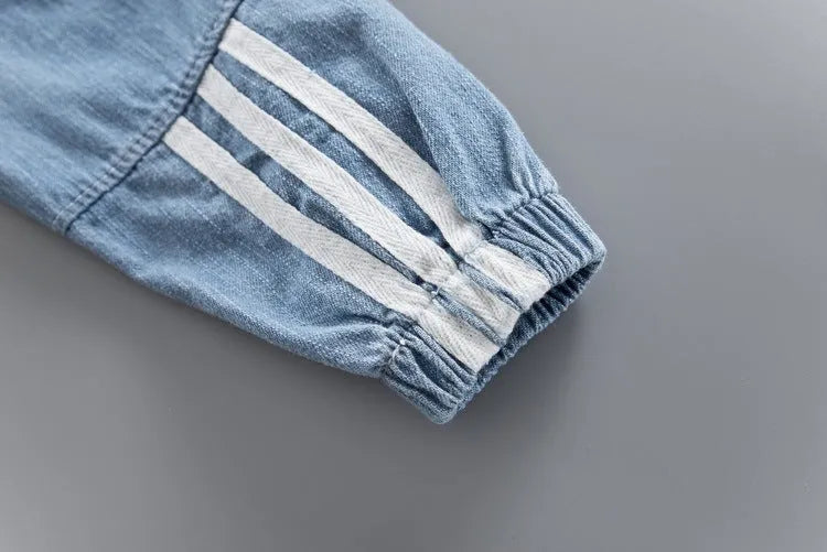 Denim three-piece children's cotton suit with zipper shirt top, coat, and pants for 80-110cm heights