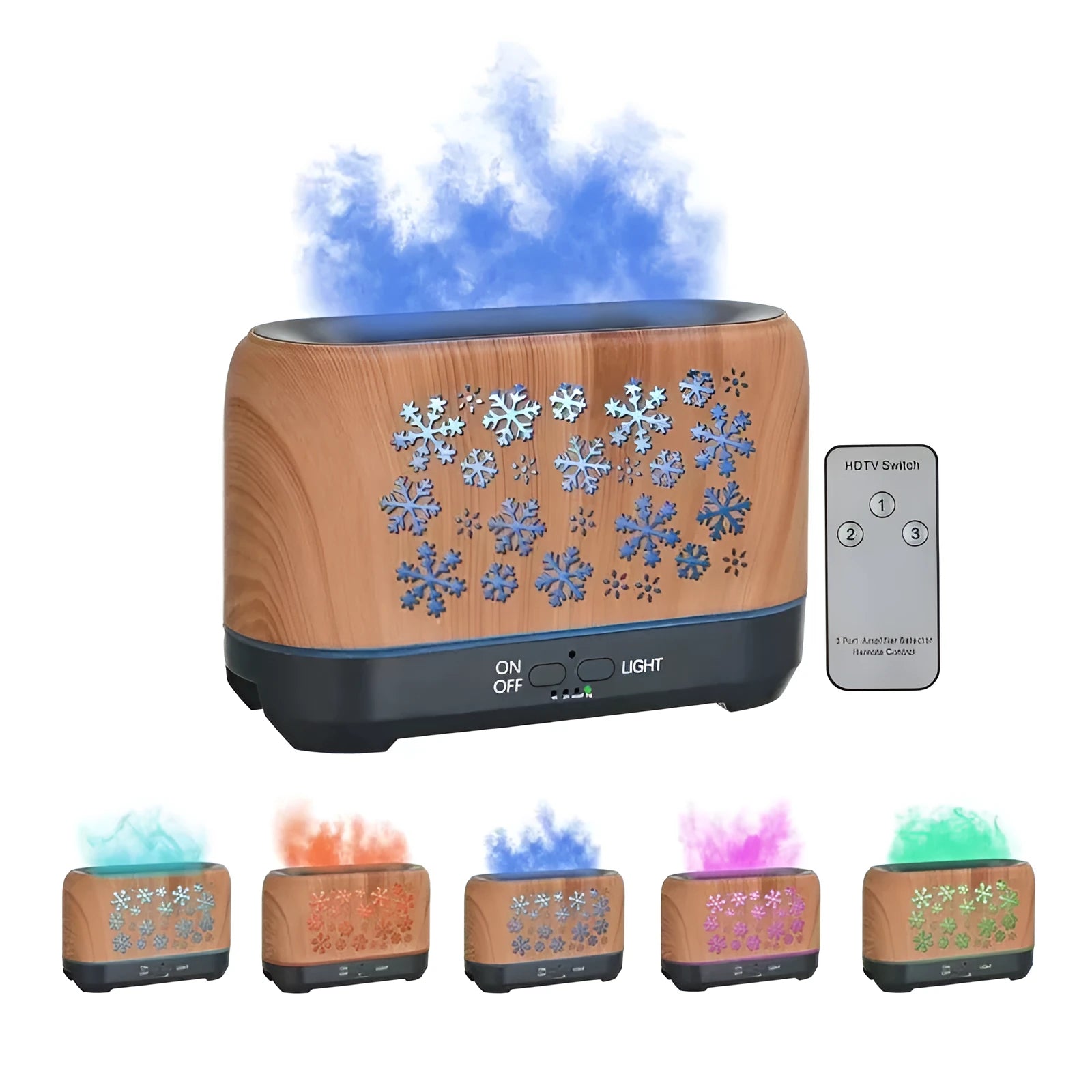 Christmas snowflake pattern humidifier with colourful flame effect and wood grain finish