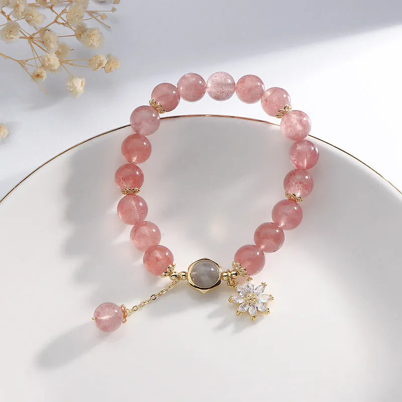 Strawberry quartz crystal bracelet with floral design elements in Mori style