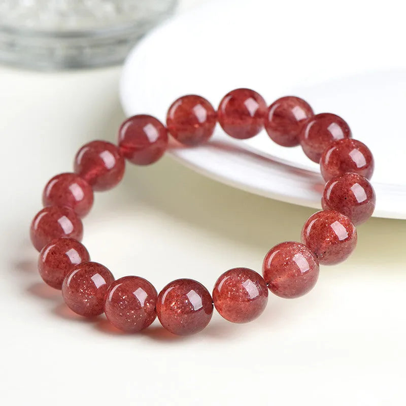 Natural starlight cherry red strawberry quartz bracelet with geometric crystal beads in multiple diameter options
