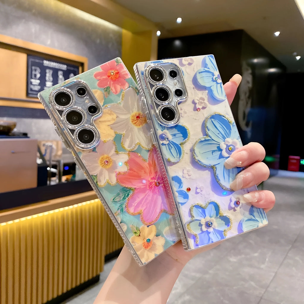 Rhinestone oil painting flower phone case for Samsung, TPU acrylic, electroplated, anti-fall, lens fine hole