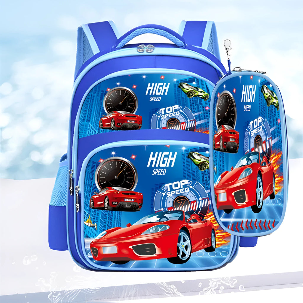 Blue children's cartoon print backpack with pencil case, shown from the side.