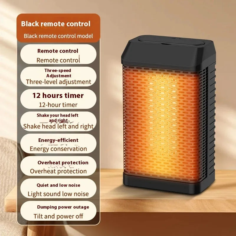Black compact desktop heater with remote control, shaking head feature, and 3-speed fan for 11-20sqm rooms