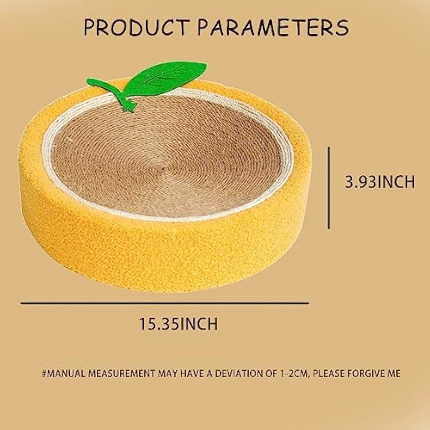 Yellow round fruit-shaped sisal cat scratching board and bed for small cats