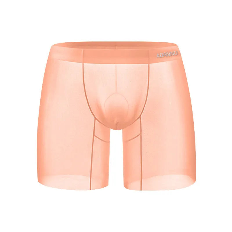 Men's solid colour ice silk boxer shorts in low-waist design shown in orange, pink, and red colours