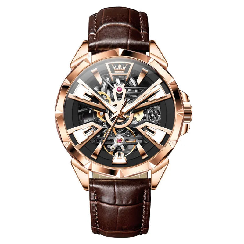Men's automatic mechanical watch with hollow dial design and stainless steel case