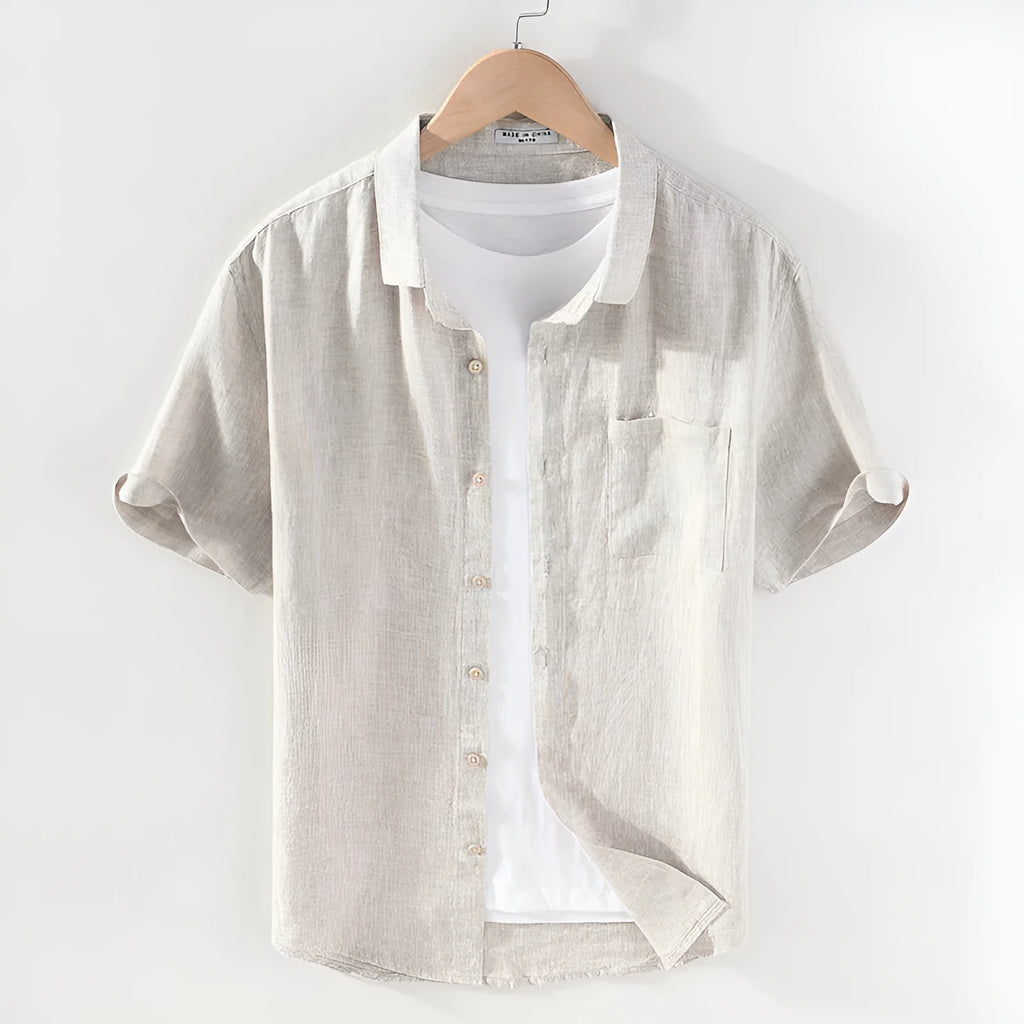 Men's linen shirt with square collar and short sleeves in raw jute colour