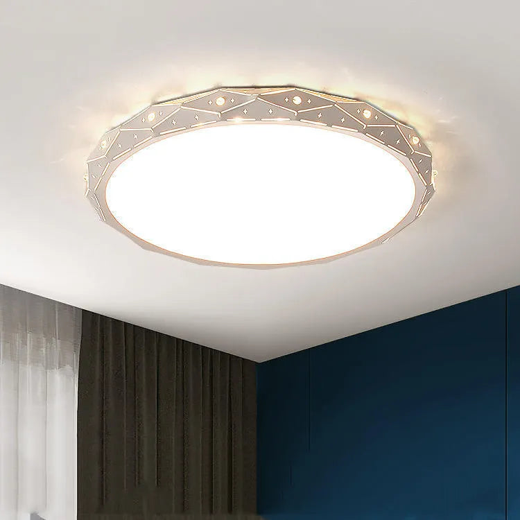 Round LED ceiling light with black iron frame and dimmable lighting options