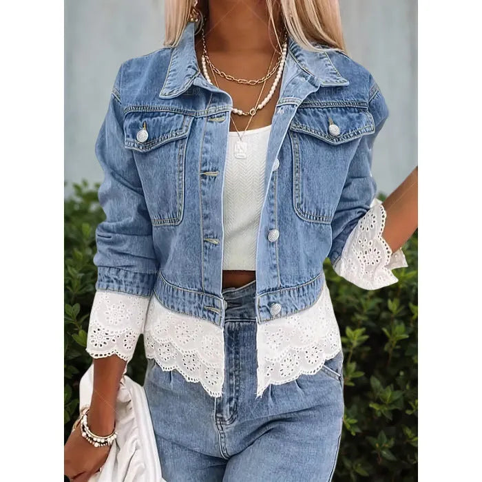 Blue women's denim jacket with white lace stitching details on the front, showing long sleeves.