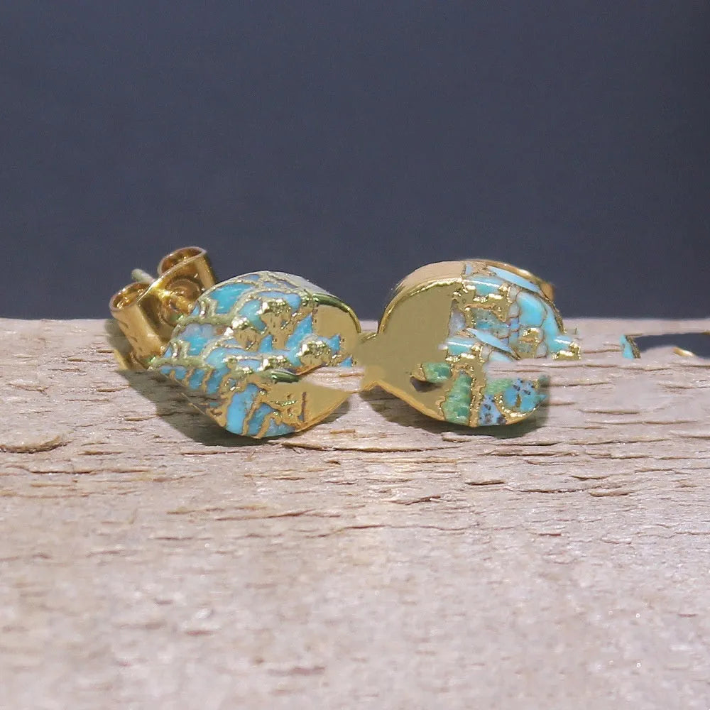 Handmade natural stone stud earrings with irregular geometric shapes on stainless steel posts