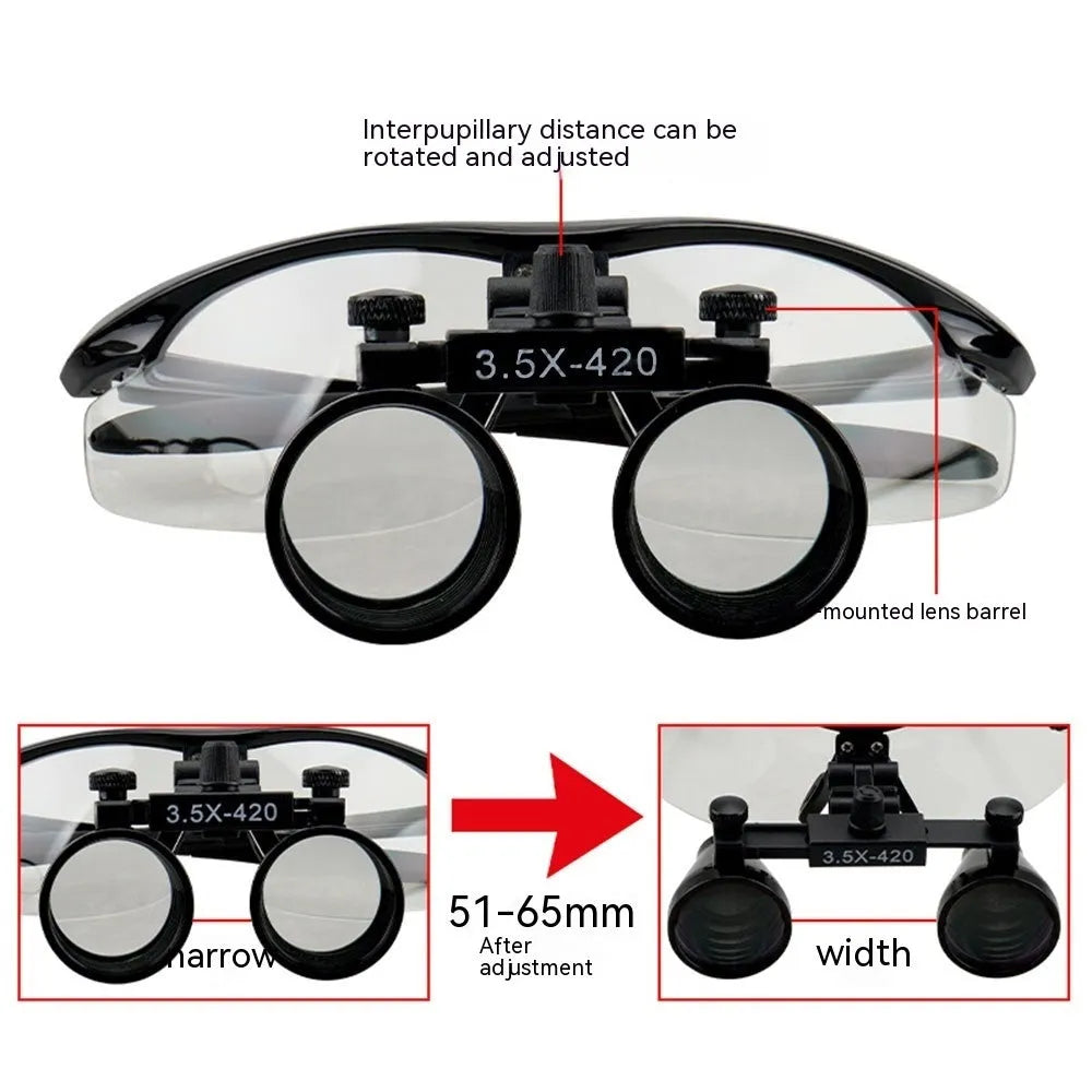 Black plastic head-mounted magnifying glass with LED light on the frame, shown on a headband.