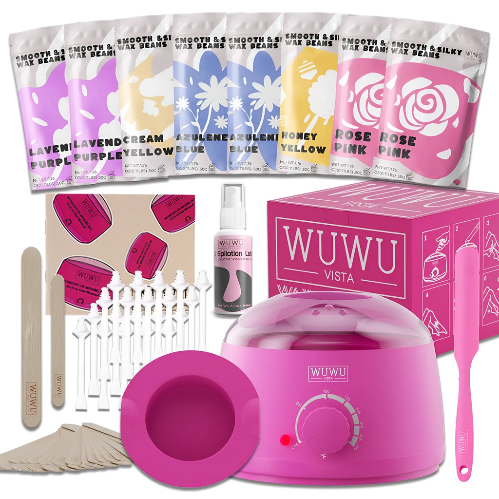 WUWUVISTA 63-piece waxing kit with black wax warmer, wax beads, application sticks, and post-epilation lotion