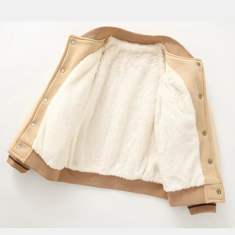 Fleece-lined cotton baseball coat for children, dark coffee colour, front view