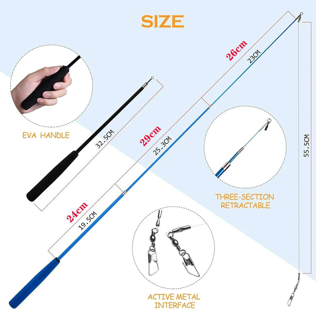 Cat teasing pole set with two fishing rods and ten feather replacement heads