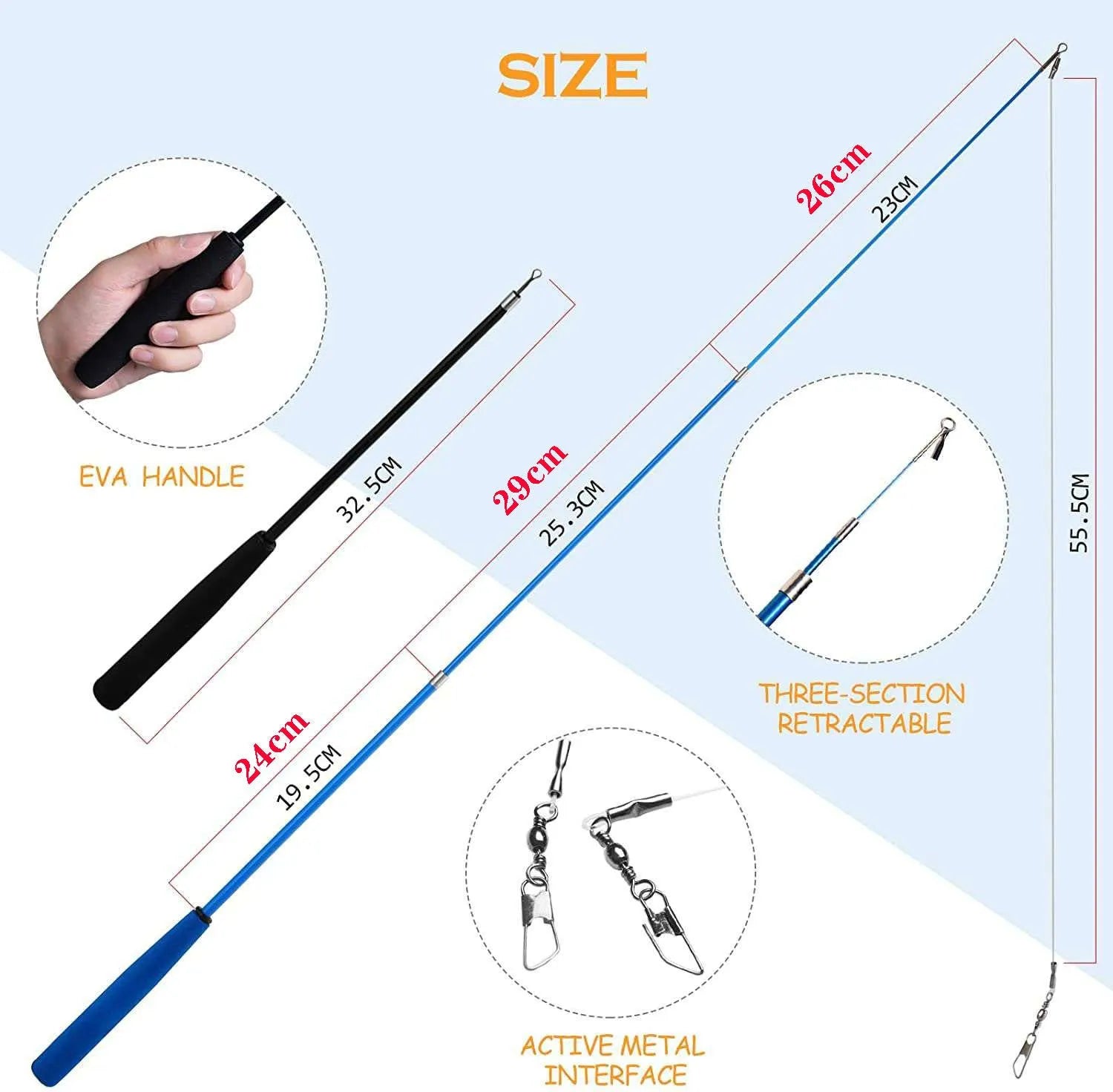 Cat teasing pole set with two fishing rods and ten feather replacement heads