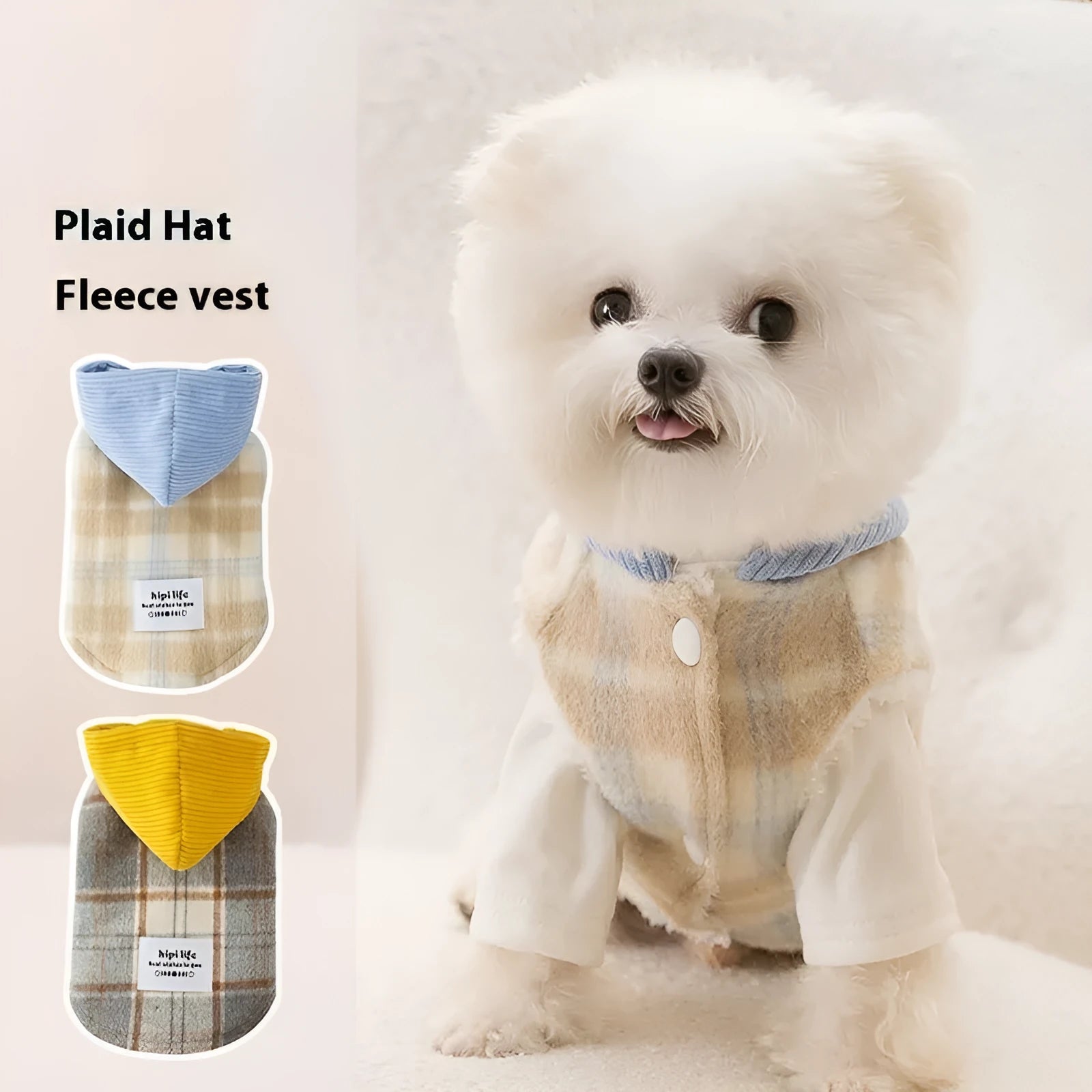 Blue chessboard grid corduroy dog vest with hooded traction feature showing weight-based sizing