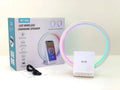 White rectangular Bluetooth speaker with wireless charging surface and ambient lighting