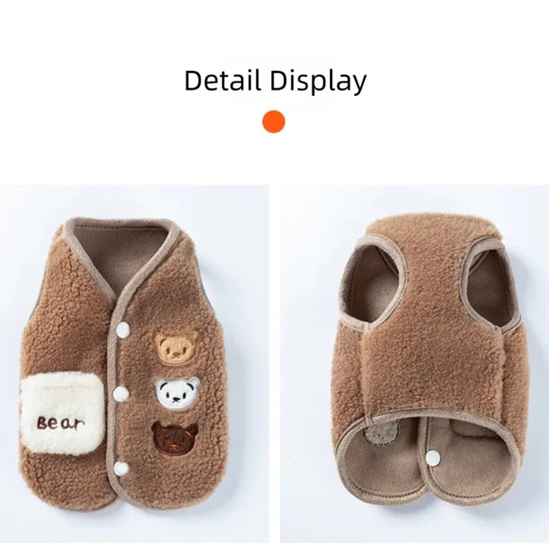 Brown fleece dog coat with bear embroidery and side-button closure on a small dog