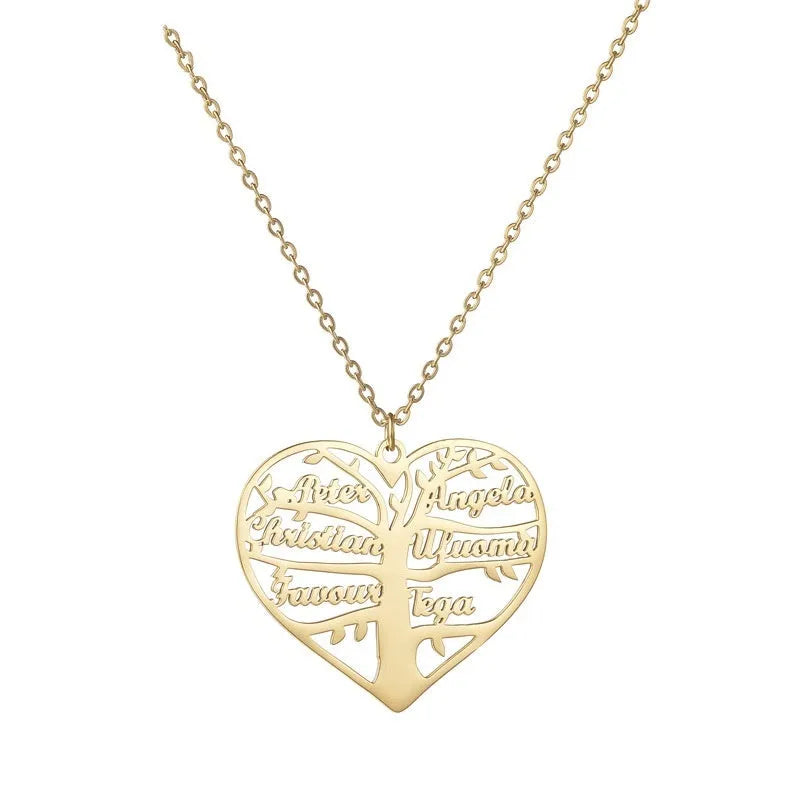 Personalised stainless steel necklace with hollow heart and tree pendant, showing silver, gold, and rose gold colour options.