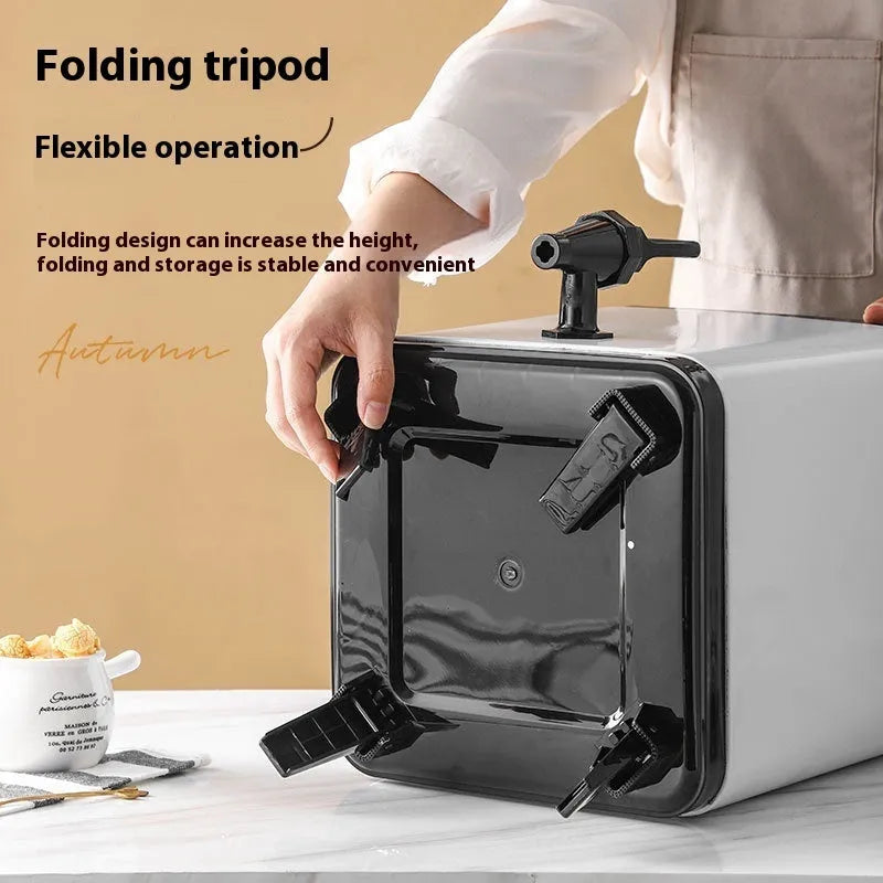 Silver stainless steel milk tea bucket with square lock lid, 8-litre capacity for commercial use.