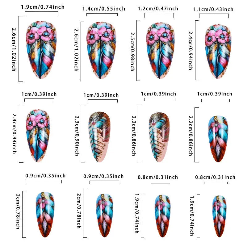 Retro style nail art kit showing colourful feather armour, cartoon, flower, love, and butterfly patterns on a jelly glue burnishing stick.