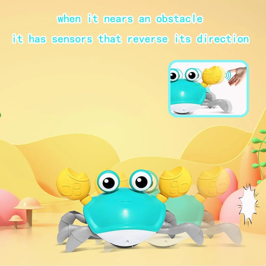 Blue crawling crab dog toy with obstacle avoidance sensors and LED lights for interactive pet play