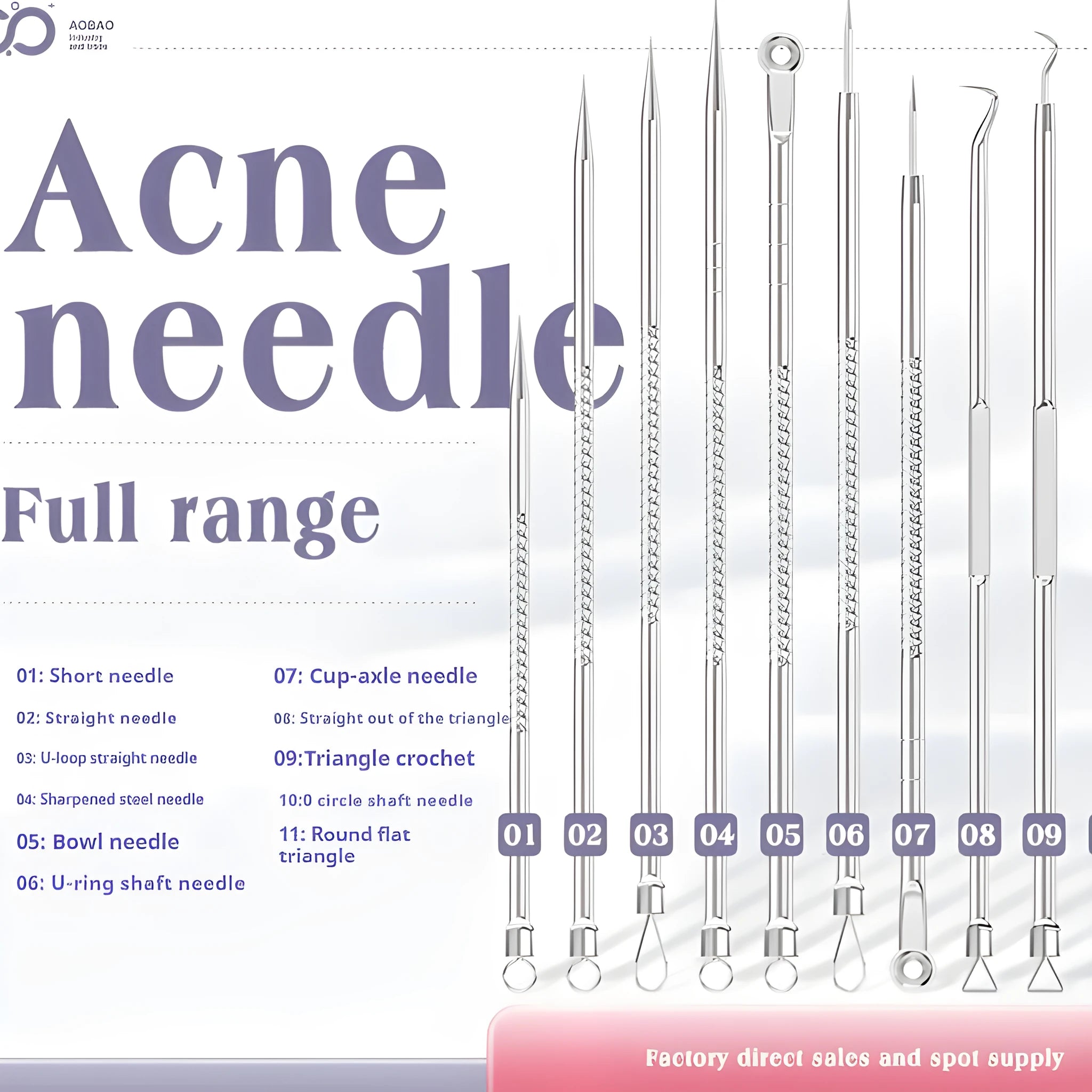 Four-piece metal acne needle set with ultra-fine pointed tips and clips on a white background