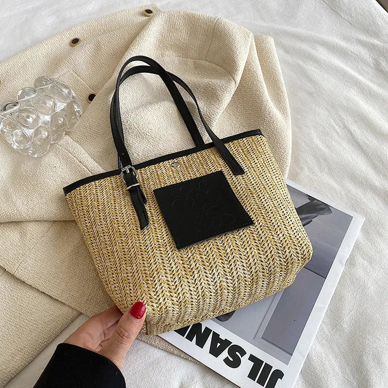 Straw woven women's shoulder bag in European retro style with large capacity