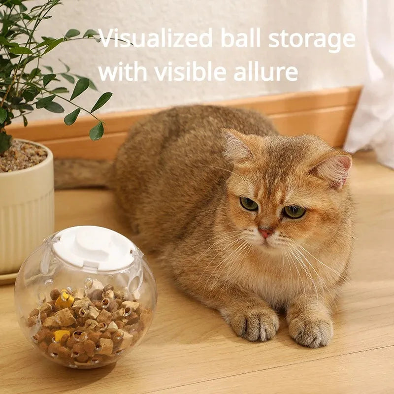 11.5cm ABS slow feeding ball for cats in blue, pink, or white with visible food bin
