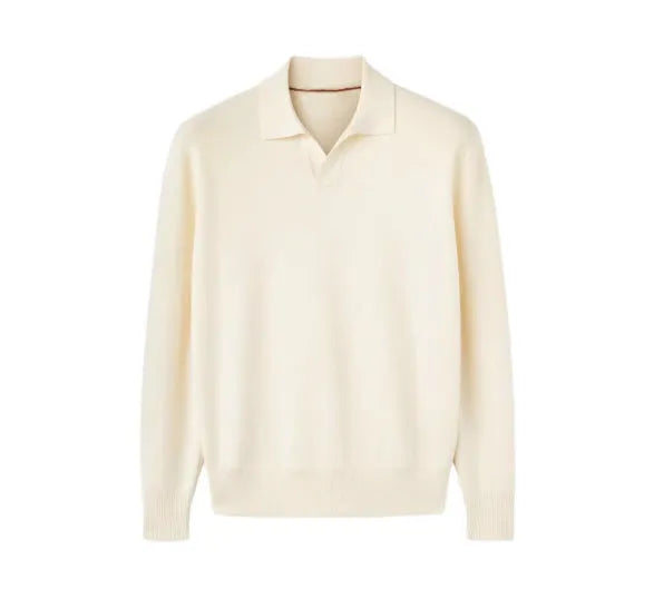 Men's pure wool polo sweater with lapel collar in milky white colour showing loose fit and long sleeves