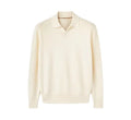 Men's pure wool polo sweater with lapel collar in milky white colour showing loose fit and long sleeves
