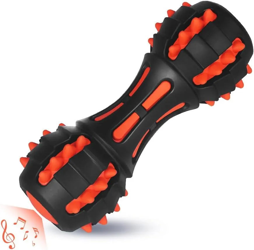 Red rubber dumbbell dog chew toy for aggressive chewers with dimensions 175x70x70mm