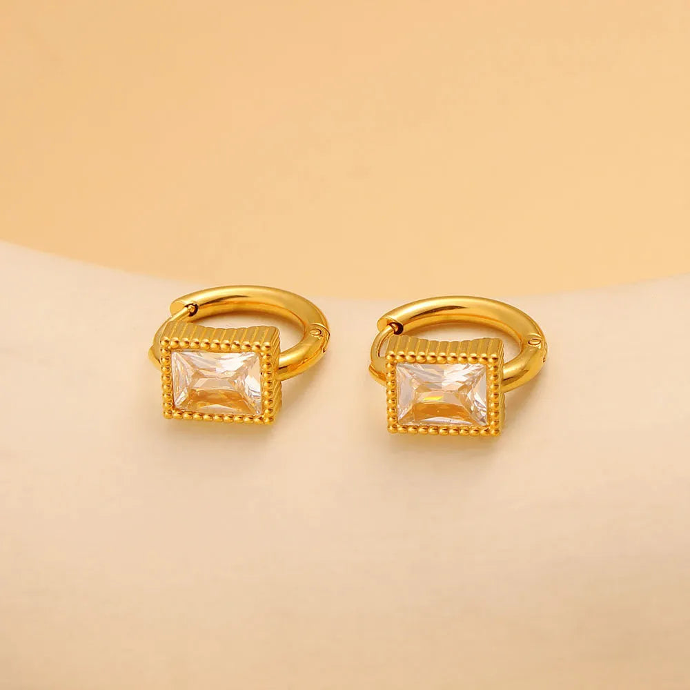 Women's square zircon stainless steel earrings with geometric design in black colour
