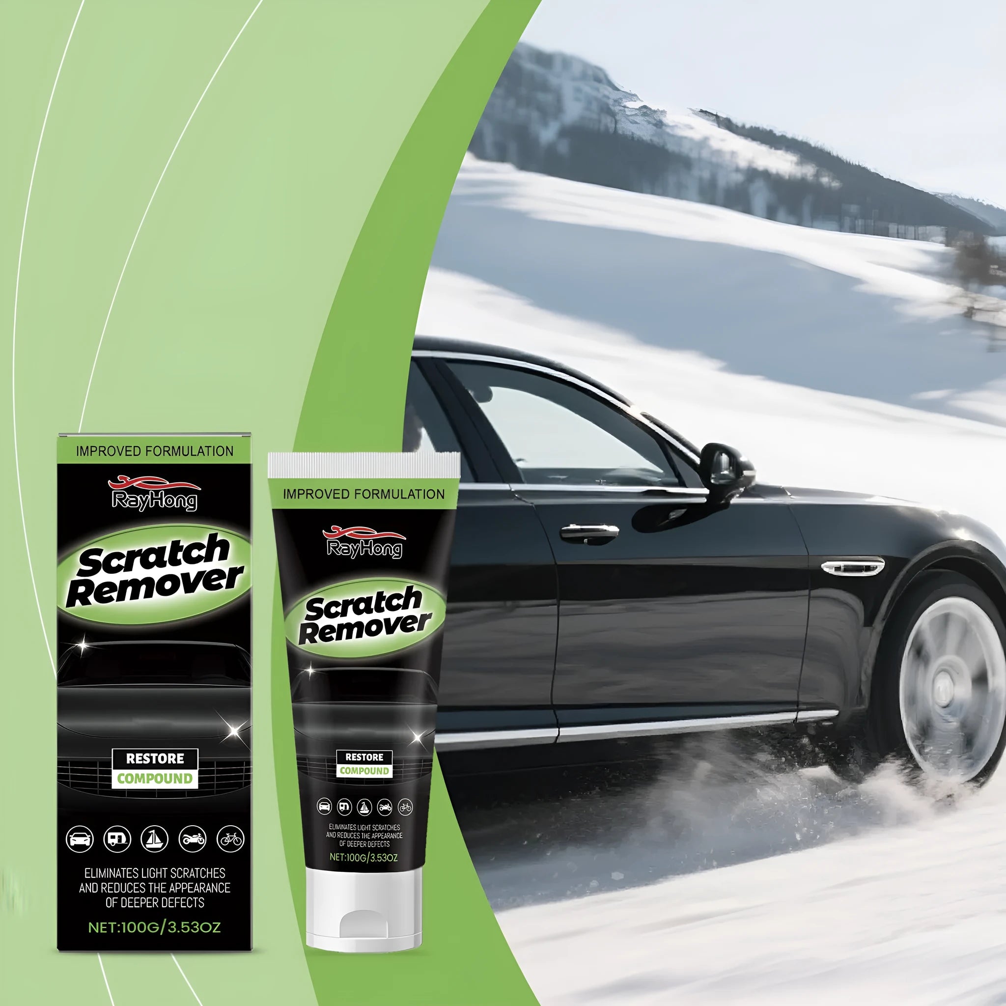 100g car paint scratch recovery cream tube measuring 3.8 x 16.3cm with water-based formula