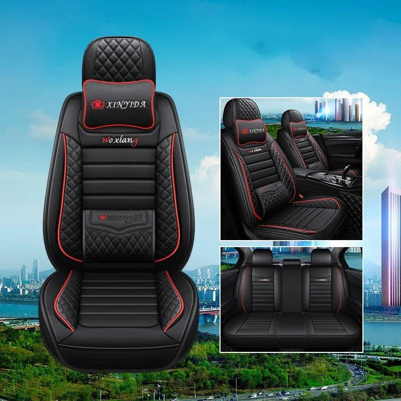 Red leather universal car seat cushion with high elastic sponge filling shown on a car seat.